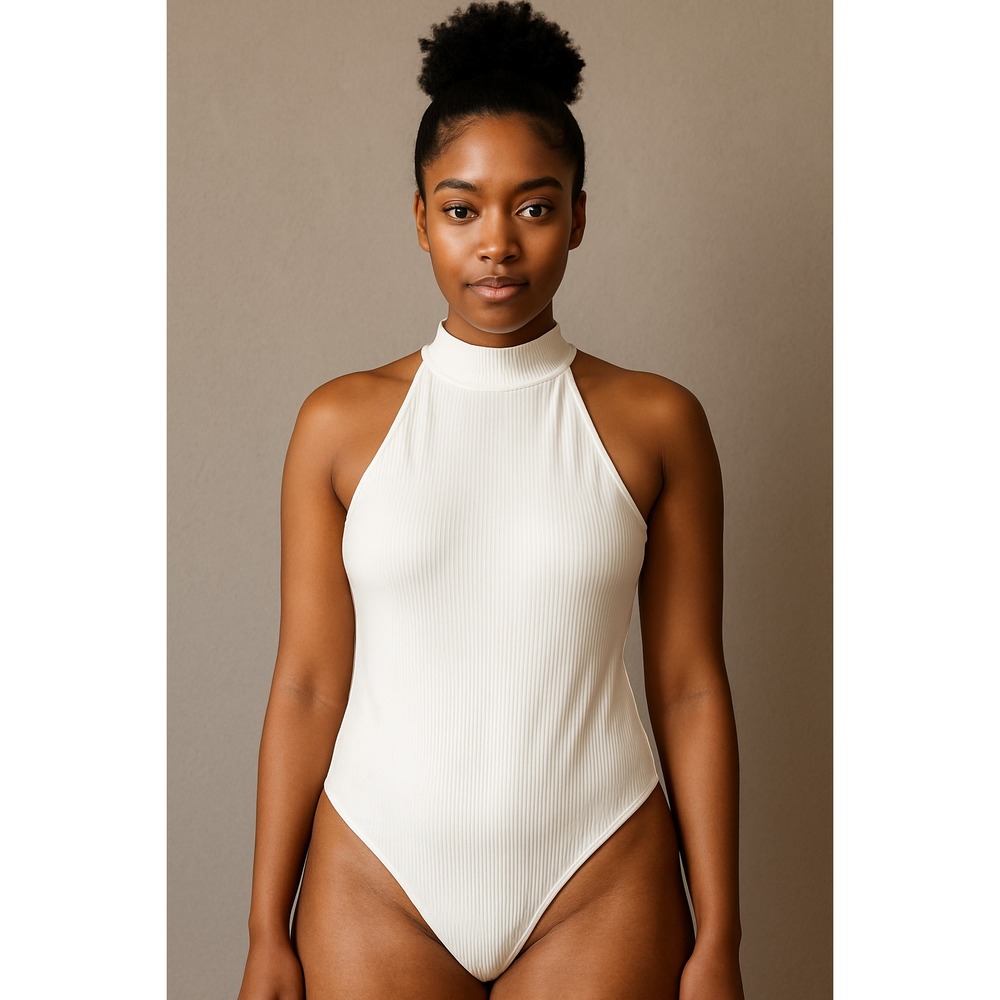 Aqua White Ribbed Mock Neck Bodysuit - Size XL‎
